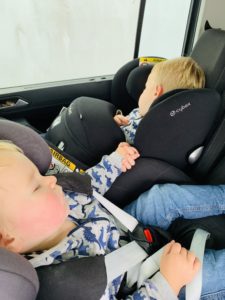 Twins and toddler asleep in car