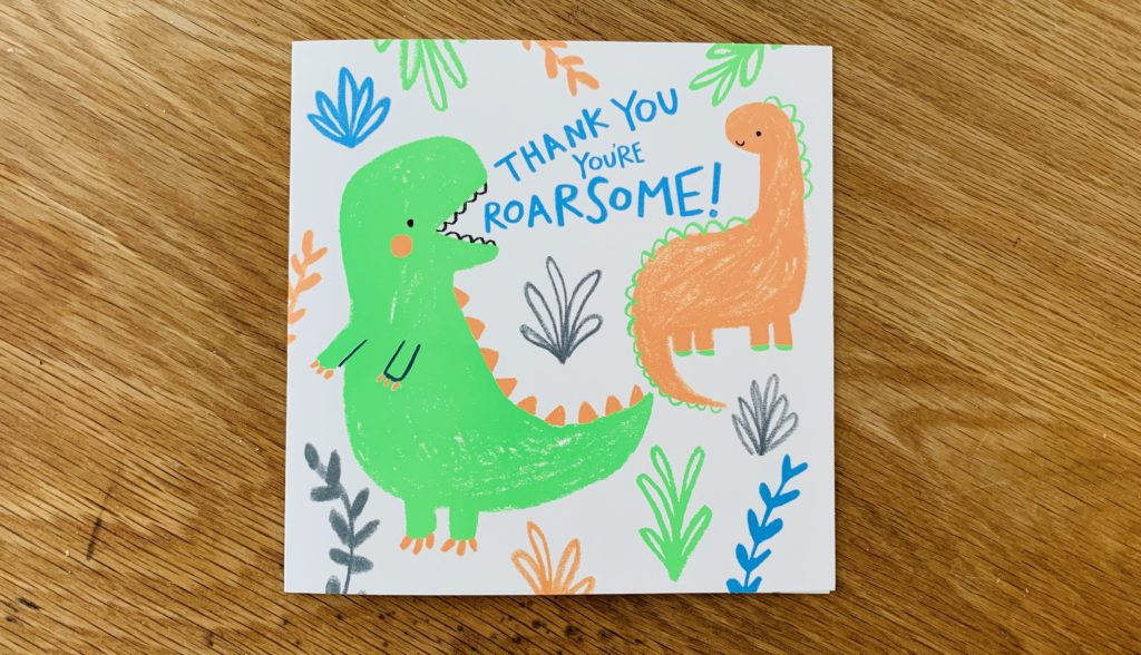 Dinosaur thank you card for a teacher