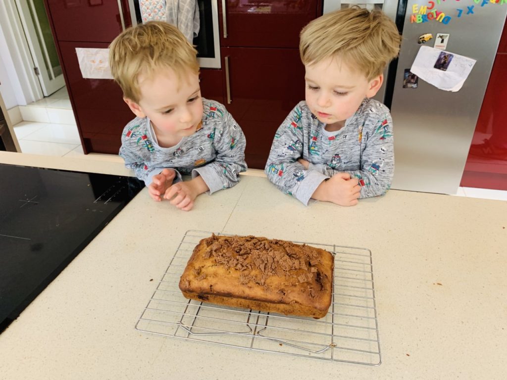 toddlers look at the cake they've just made