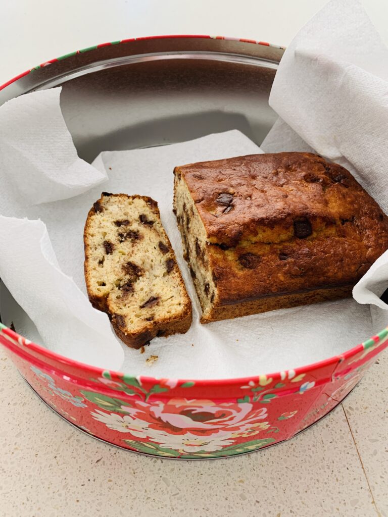 Cake tin containing chocolate and banana bread