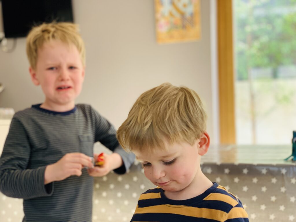 Four year old boy crying at his younger toddler brother