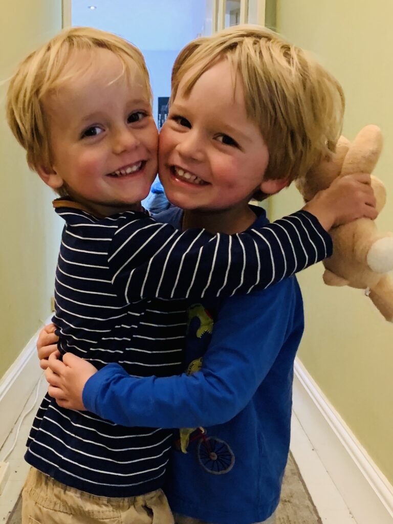 Twin brothers show they are a compassionate child and have a hug