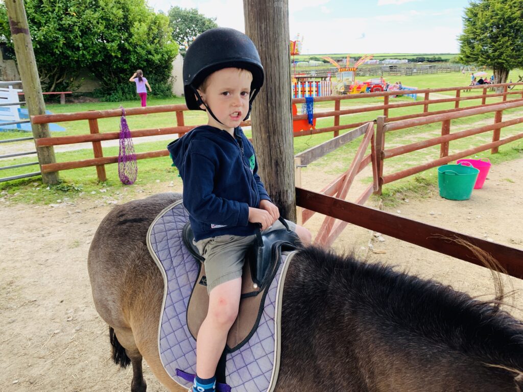 Three year old boy has his first ever pony ride