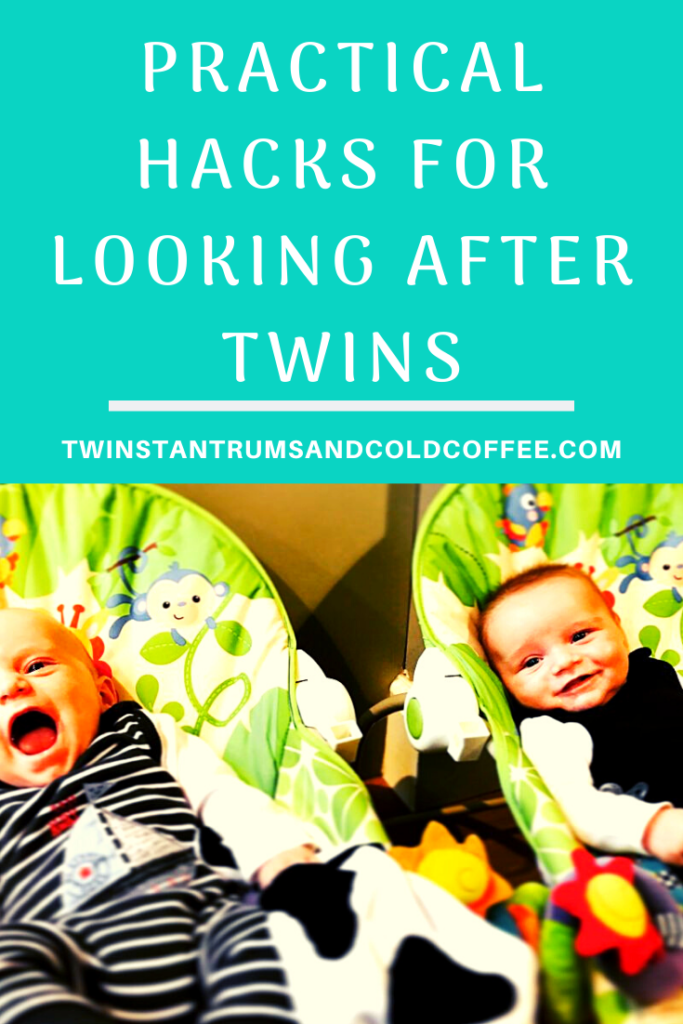 PIN image for practical hacks for looking after twins, with baby twins lying in bouncers