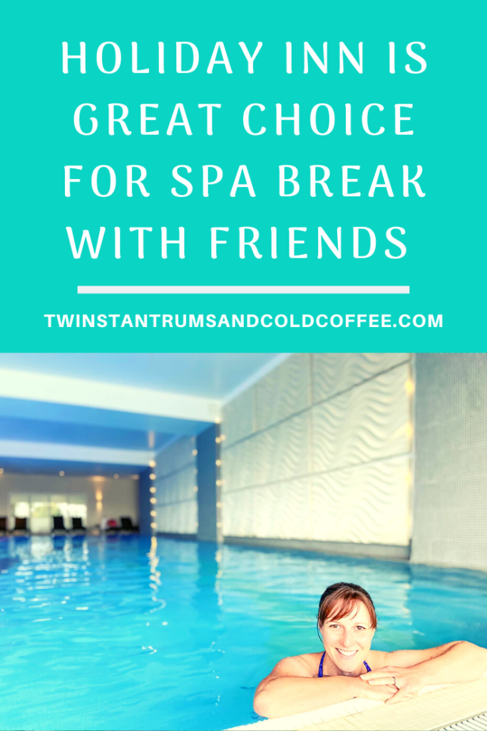 PIN for holiday inn is a great choice for spa break with friends, a dark haired woman leaning on the edge of an empty swimming pool