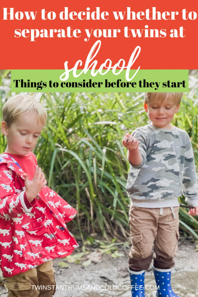 How to decide whether to separate your twins at school. Three year old twins paddling in the river in wellies