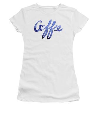 white t-shirt with the slogan 'coffee' on it in purple