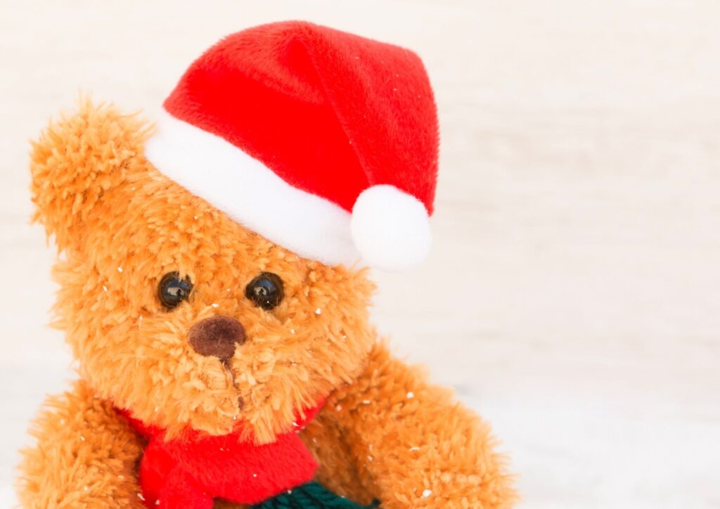 A teddy bear with a santa hat on. An idea for Christmas Eve Boxes.