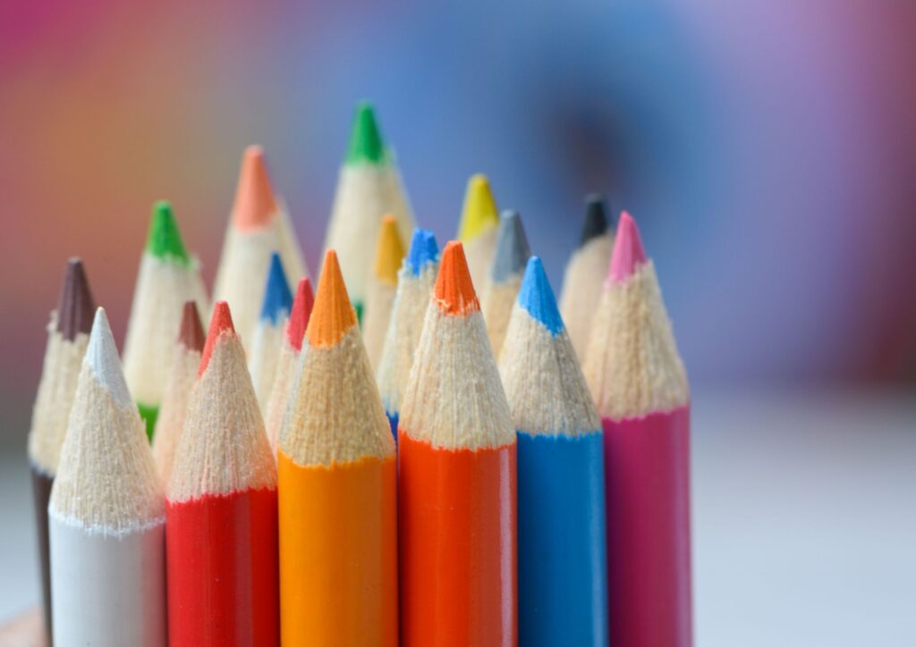 Colouring pencils stood on their ends