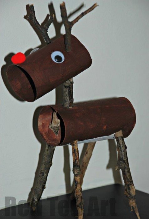 Brown reindeer made out of painted toilet rolls and sticks