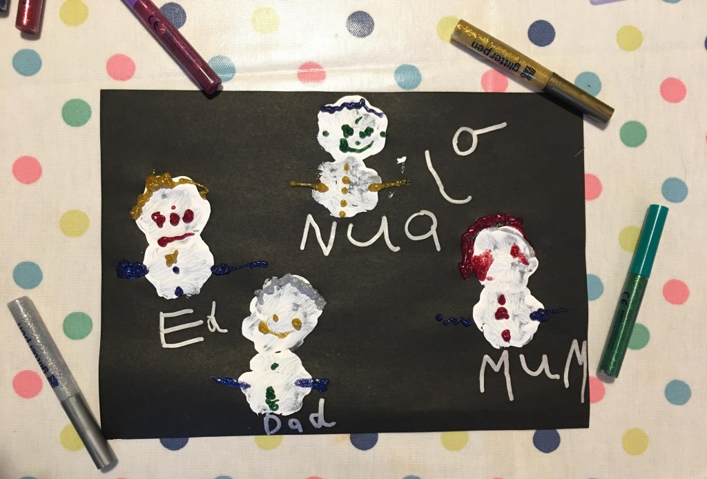 white potato print snowmen on black paper