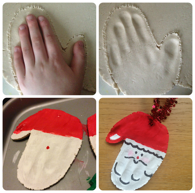 Salt dough Christmas Santa decorations made out of handprints