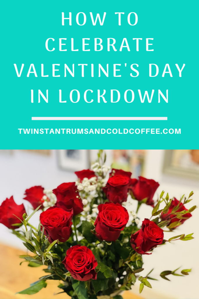 PIN image of a bouquet of red roses for how to celebrate Valentine's Day in lockdown