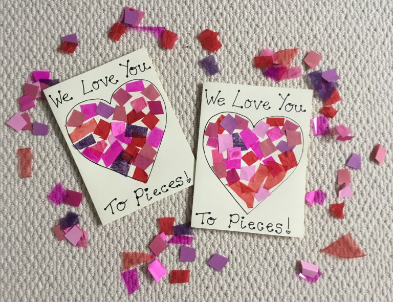 Home made Valentine's cards out of card and tissue paper