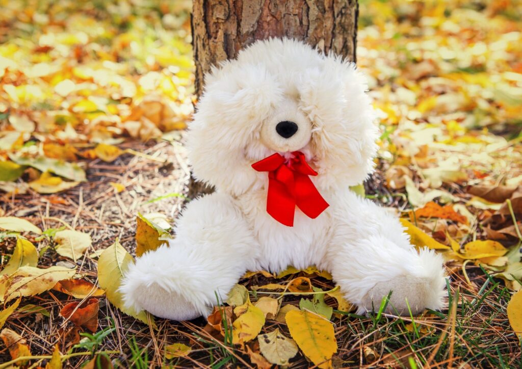 A white teddy bear with his paws over his eyes leaning against a tree in a scavenger hunt which is a perfect activity for World Book Day