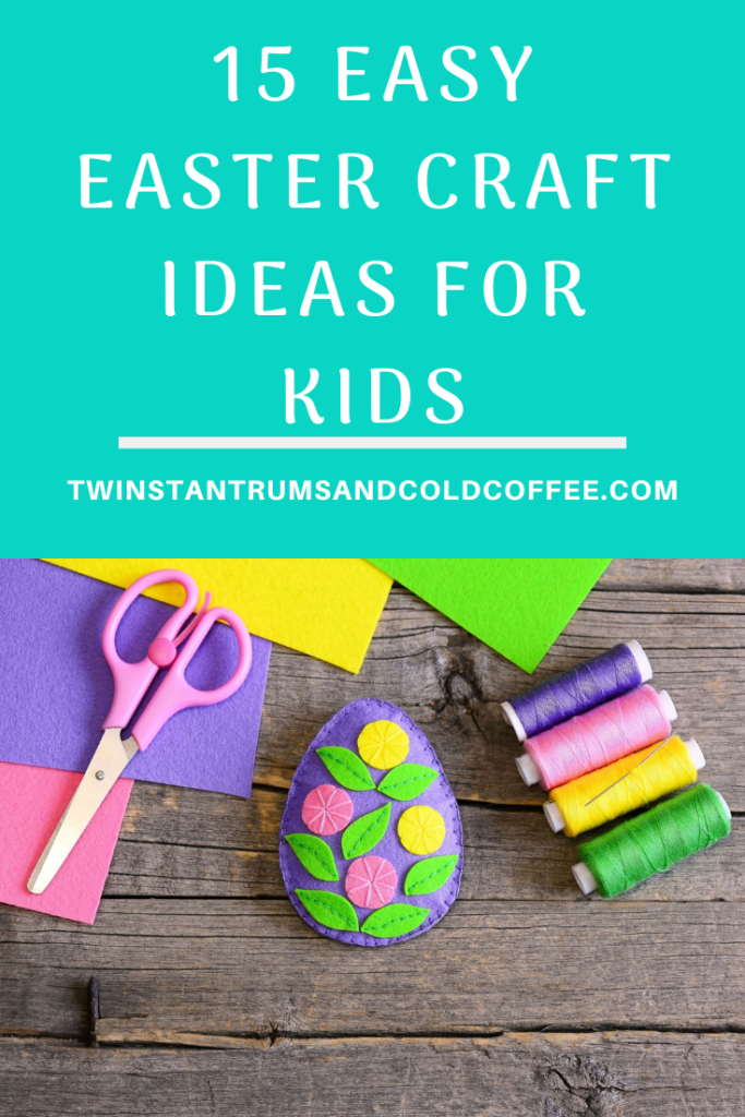 PIN image of some craft materials and an easter egg for a blogpost on easy Easter craft ideas for kids