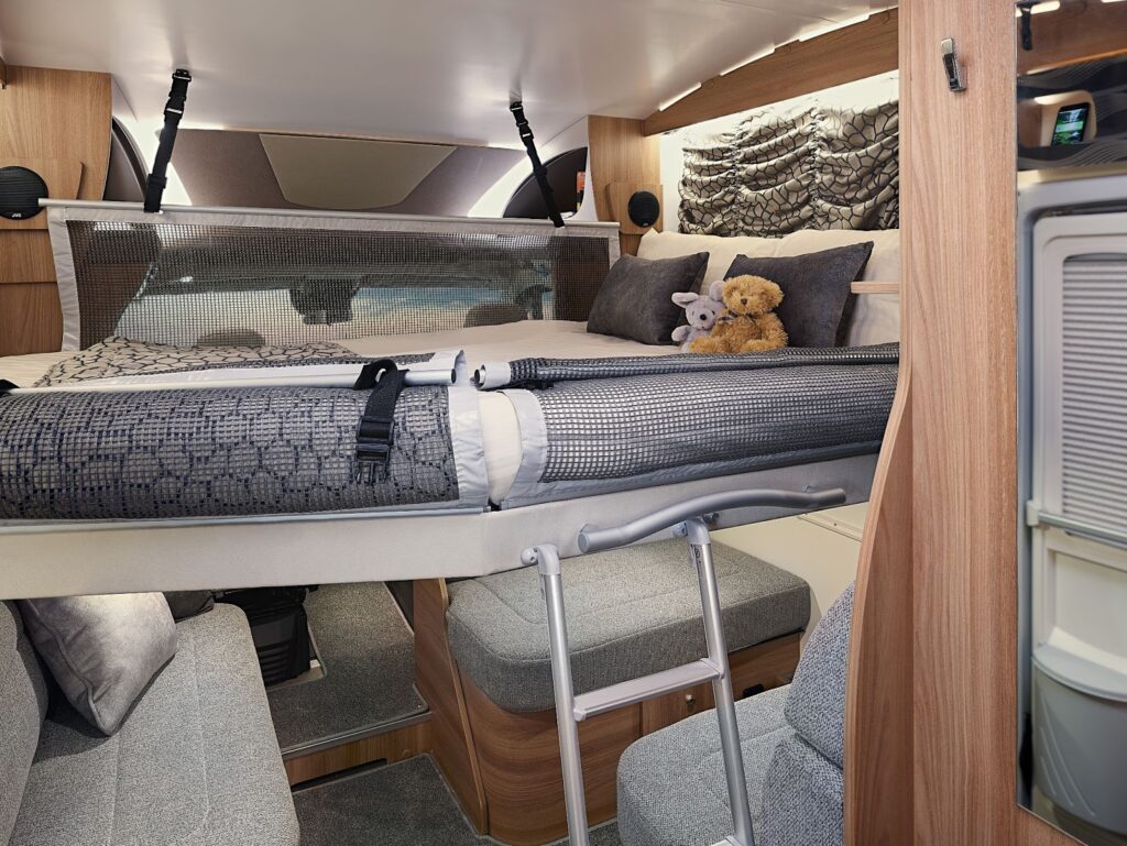 Inside of a Bailey motorhome showing a double bunk bed