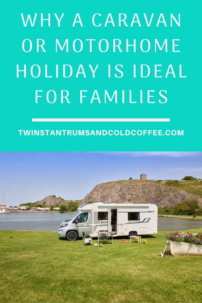 PIN image of a caravan next to a lake and why a caravan holiday is great for a family