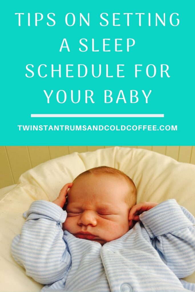 Tips on setting a sleep schedule for your baby, and a little boy asleep with his arms up around his head