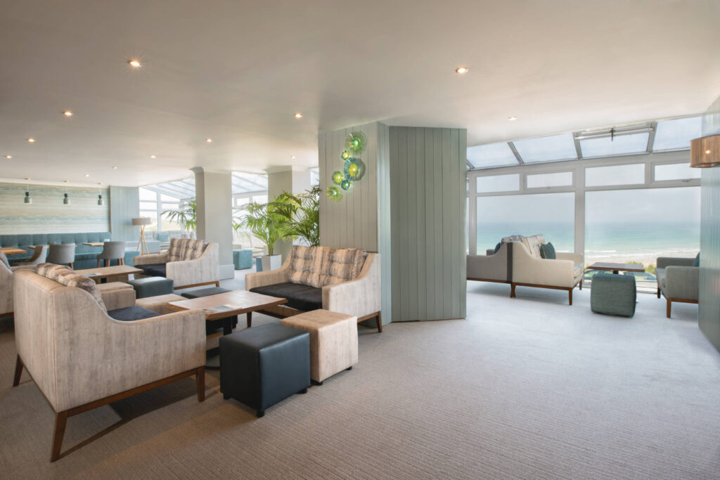 The lounge area overlooking Fistral beach of the Esplanade hotel in Cornwall