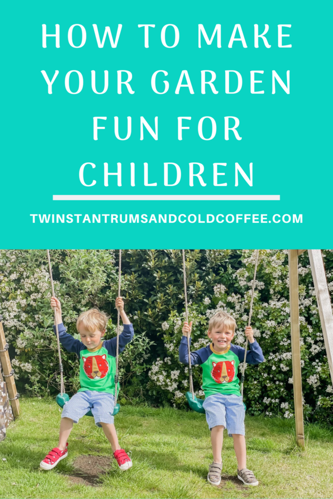 PIN image of twins swinging on wooden swings in the garden for how to make your garden fun for children