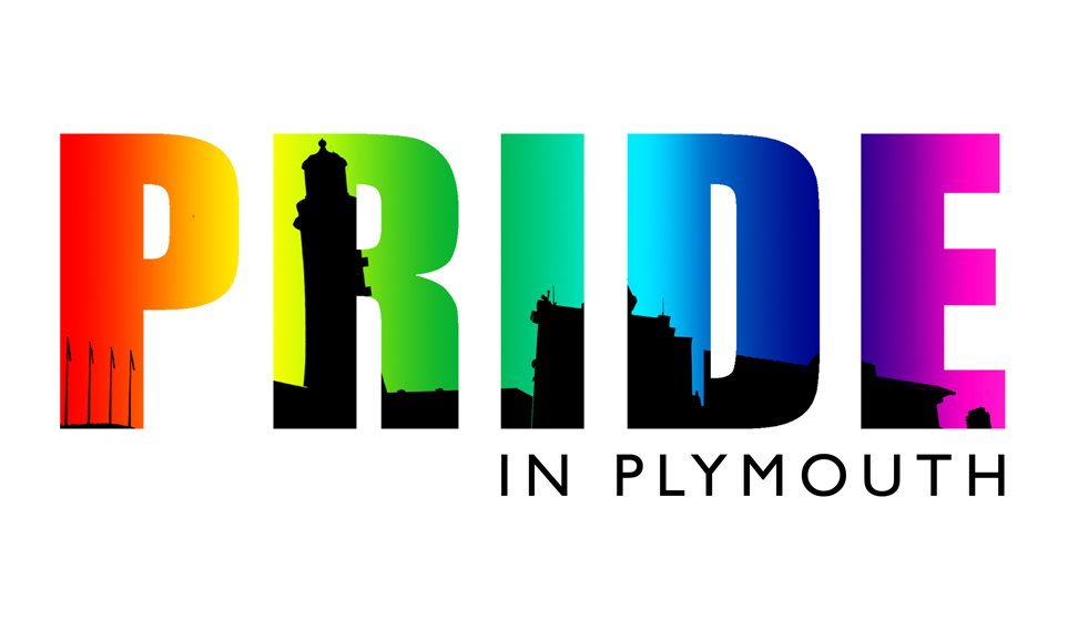 Rainbow coloured PRIDE word with silhouette of Plymouth's Smeaton Tower