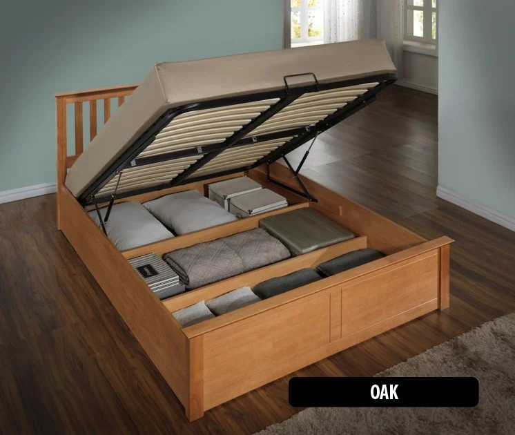 An ottoman bed with storage underneath it.