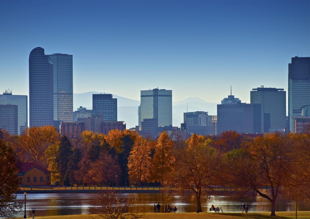 Fall foliage with a Denver city skyline