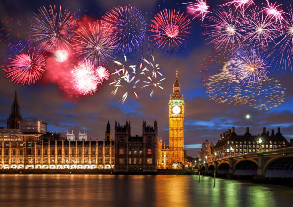 New year's eve fireworks in the sky over London's Big Ben