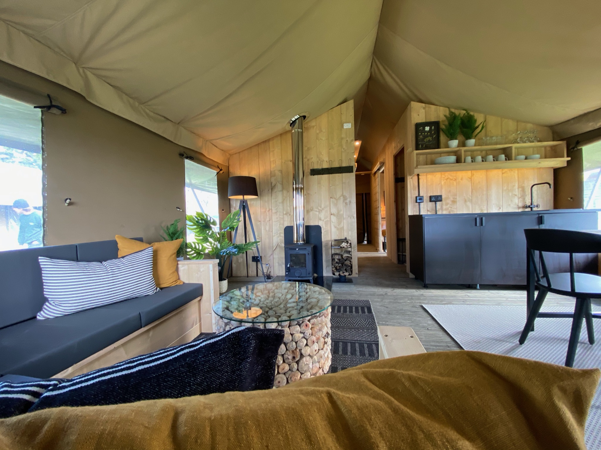 Inside a tent at Bear Lodge glamping