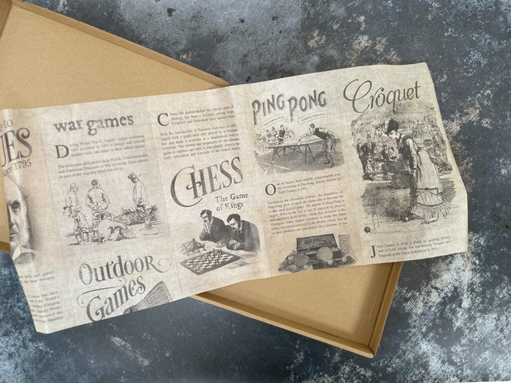 Jaques of London wooden toys come packed with tissue paper and card
