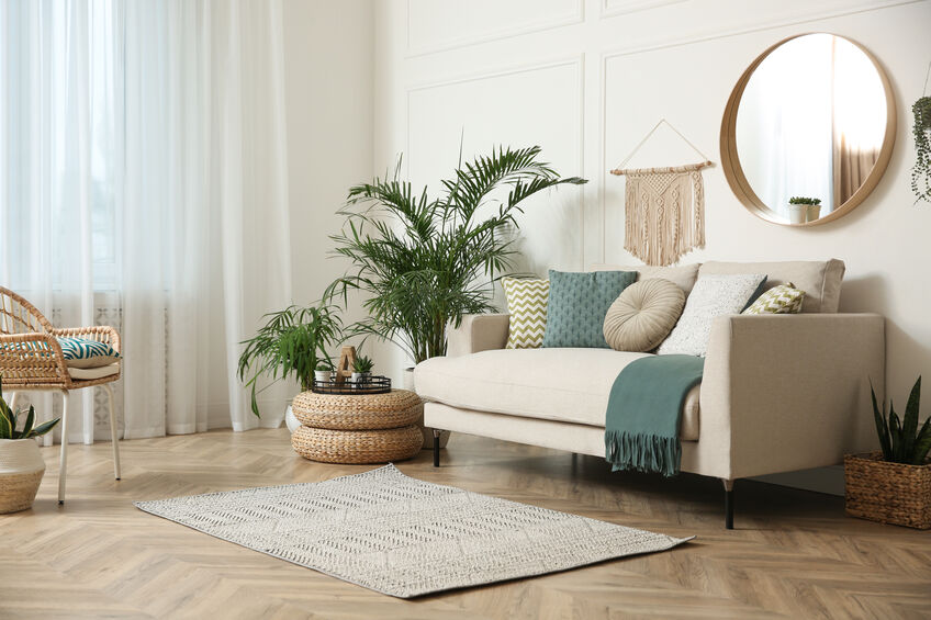Vinyl flooring creates a stylish living room and is also child-friendly flooring. Plants are good when you think of decorating ideas