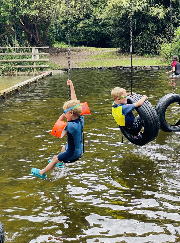 Boys swing on tyres over a lake