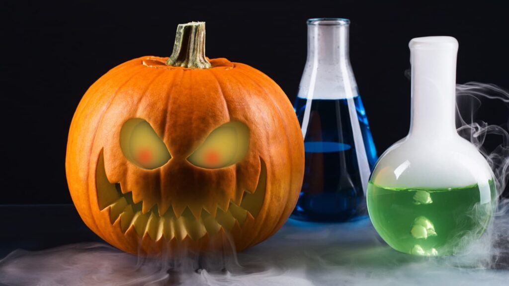 A pumpkin and potions ready for a spooky science session for Halloween in Plymouth