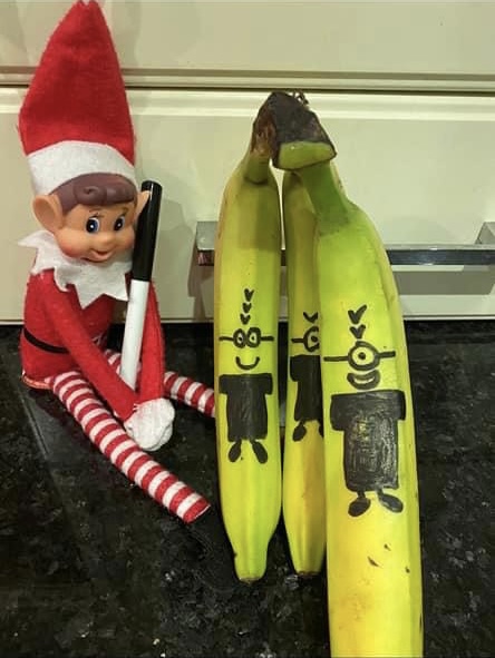 ELF ON THE SHELF DRAWING ON BANANAS BY JULIE WOTTON