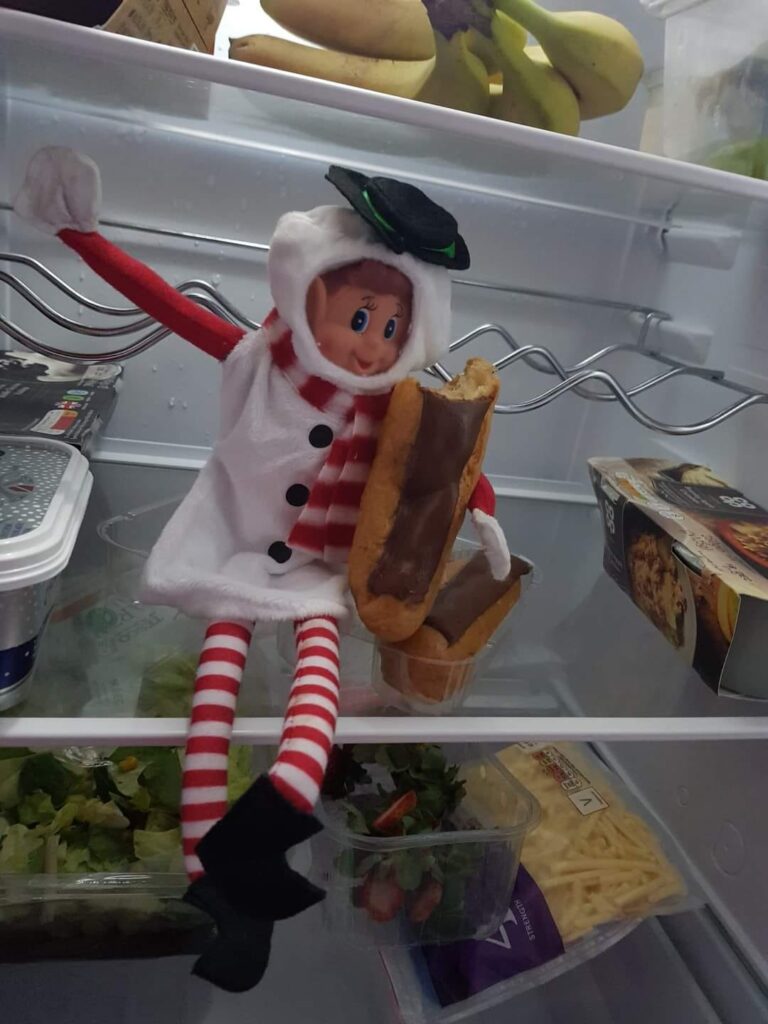 Elf eating an eclair in the fridge by Louise Knight