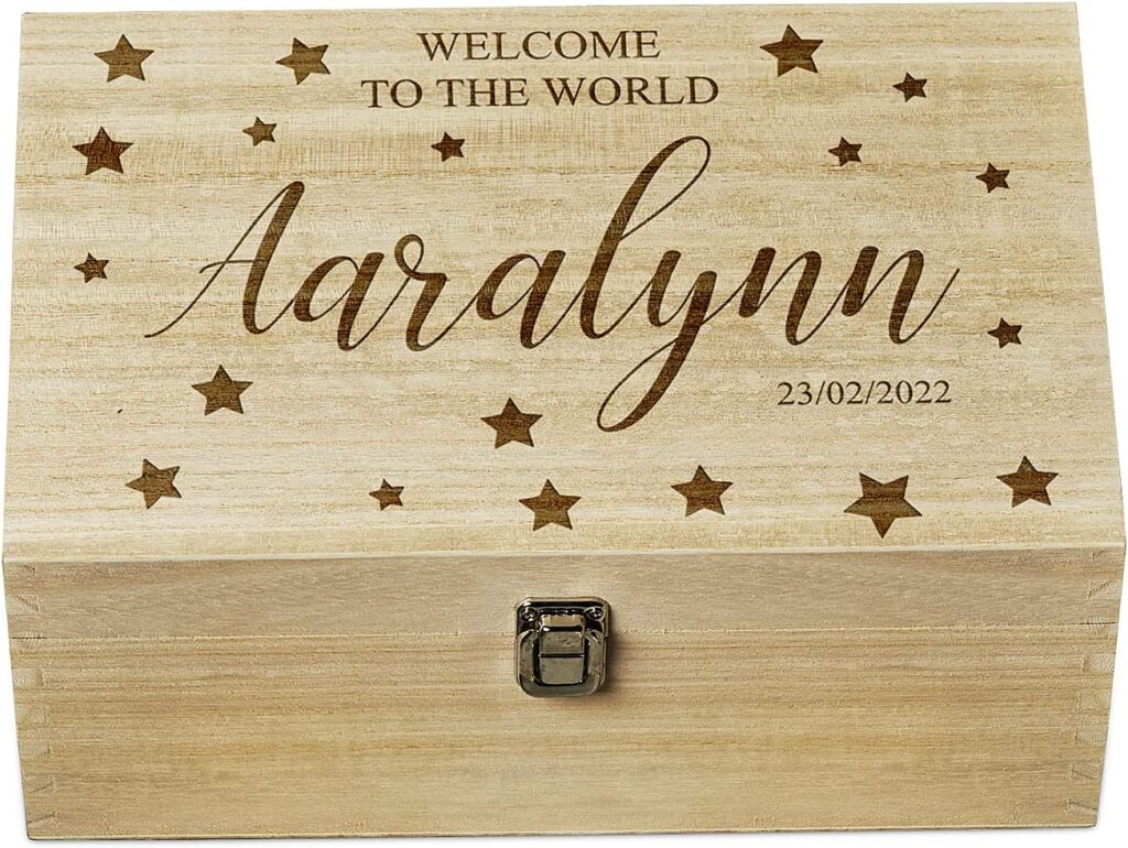 A wooden personalised keepsake box for a baby