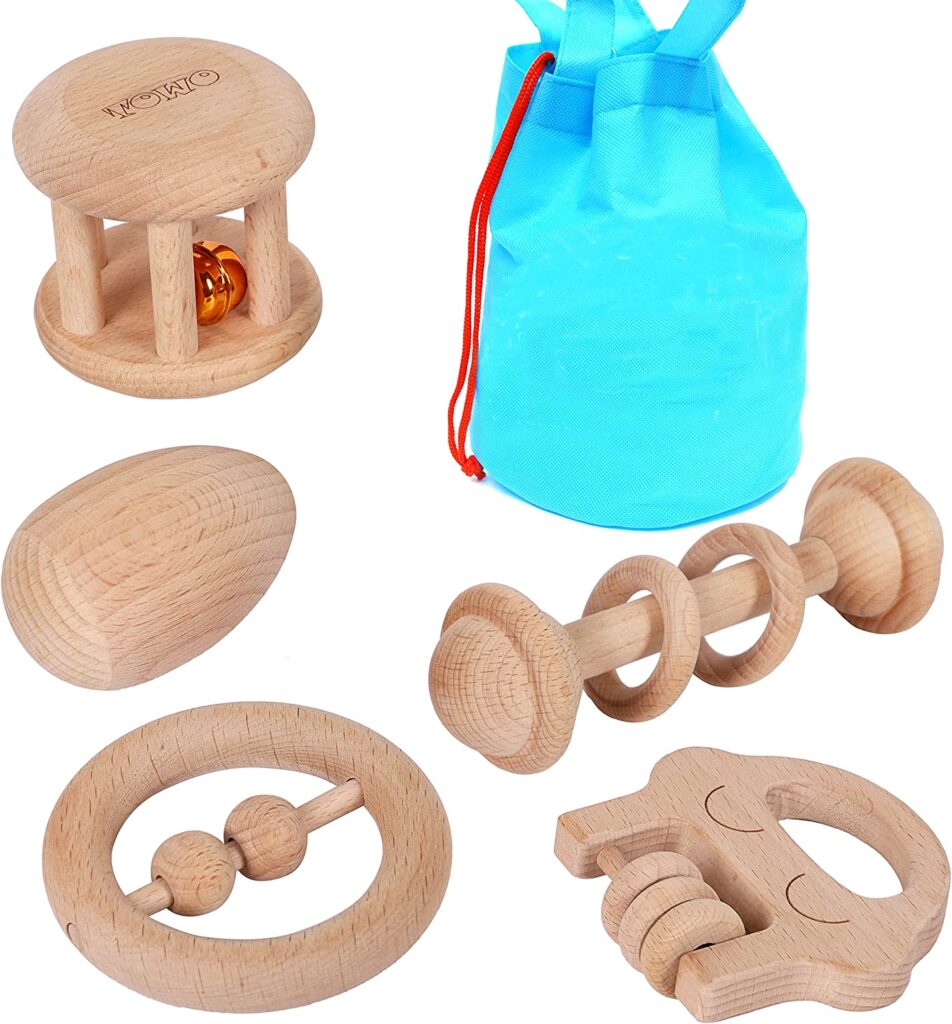 Wooden baby toys and rattles