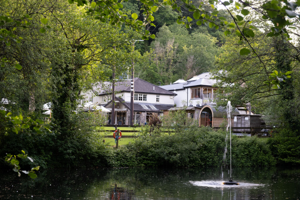 The lake at the Turtley Corn Mill pub for a post about pubs with play parks in Plymouth