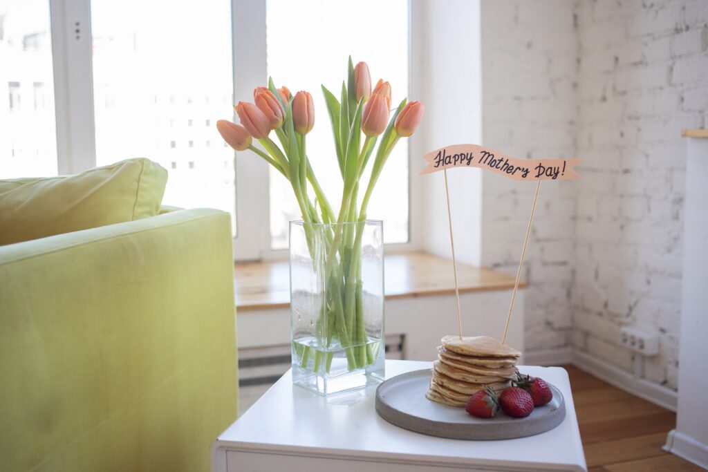 Tulips and pancakes for a mother's day breakfast