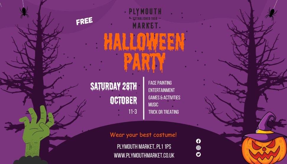 Flyer for free party for Halloween in Plymouth at the Market in the city centre