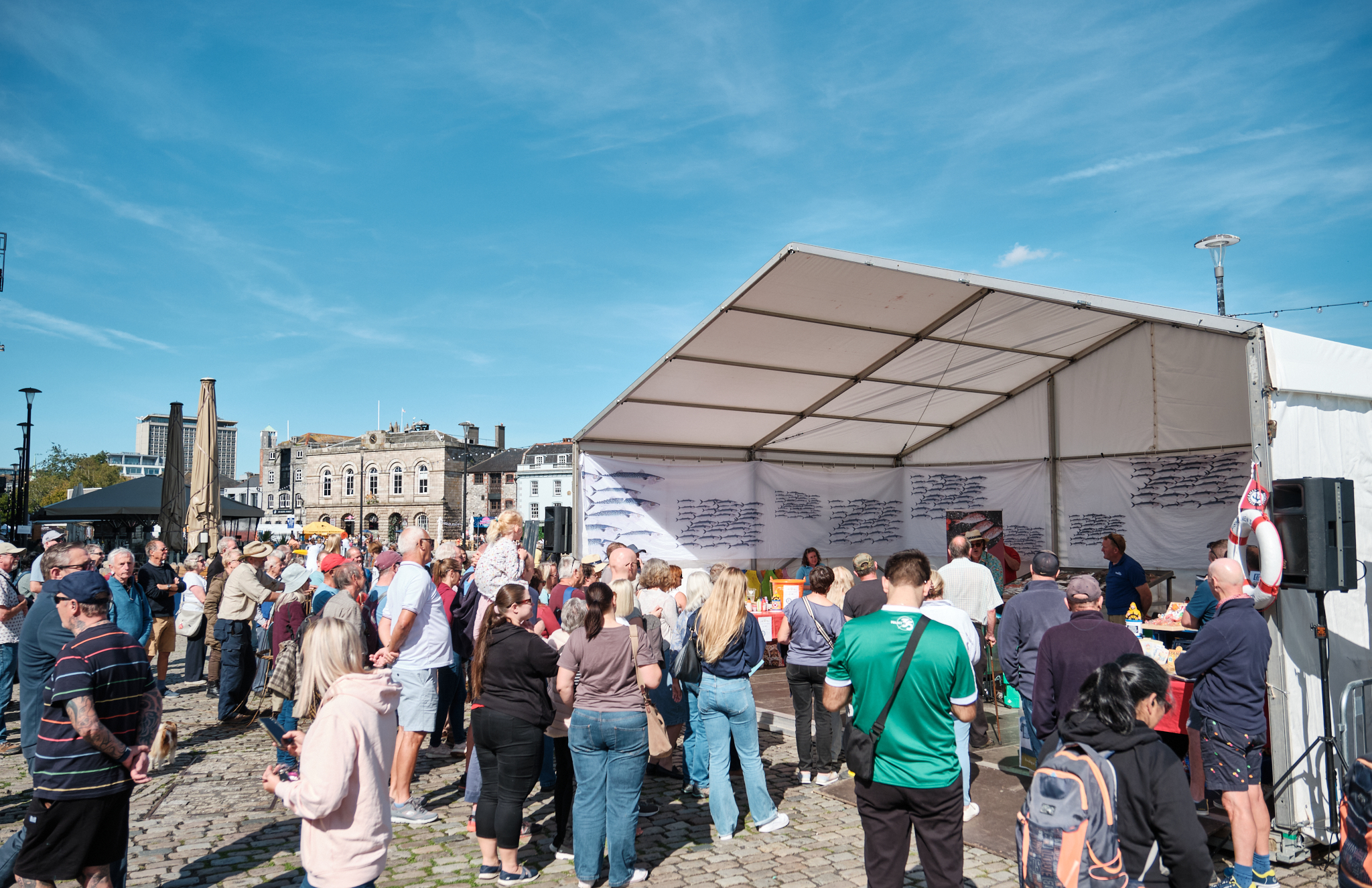 Crowds on Plymouth's Barbican for a post about Seafest 2025